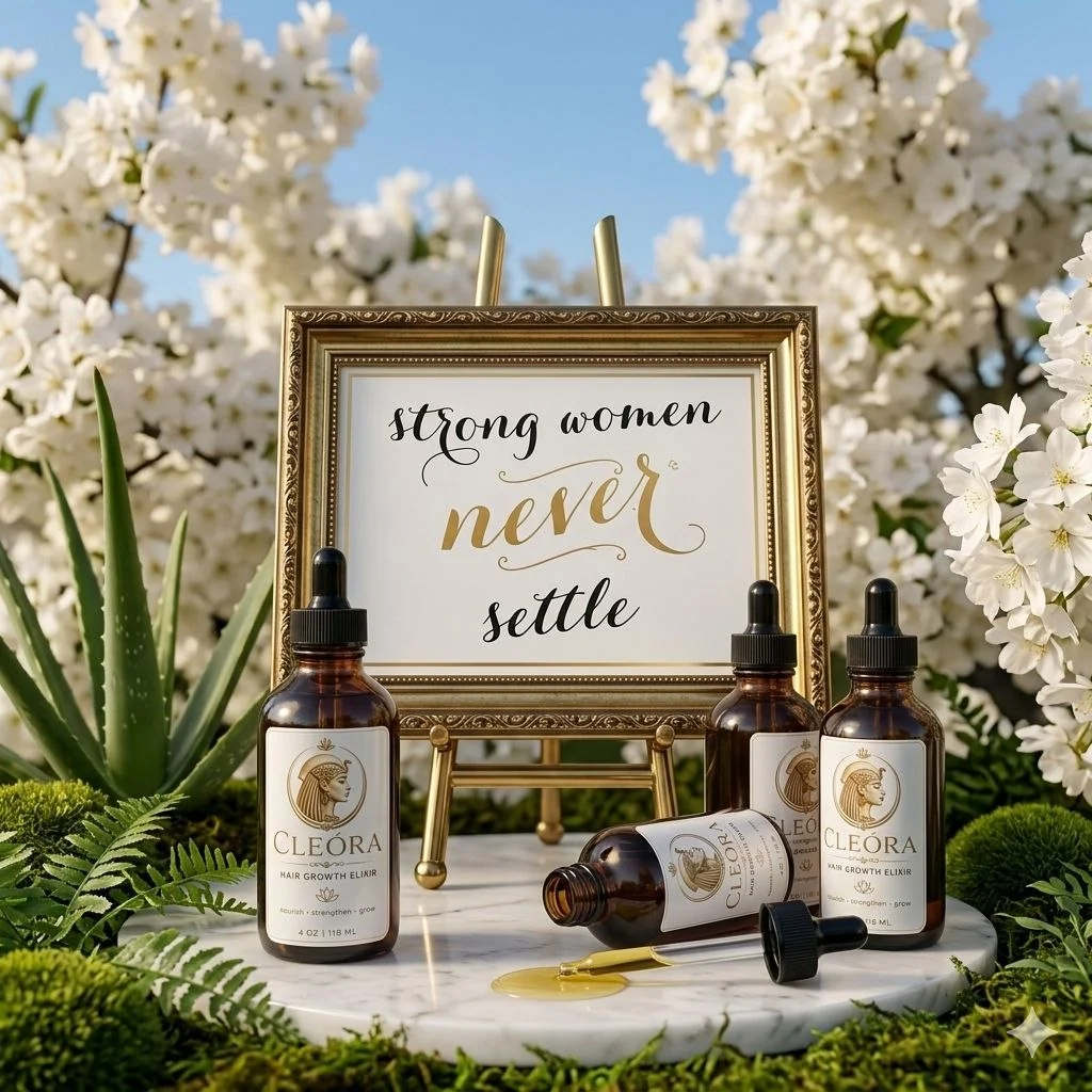 Frascos Cleóra entre vegetación tropical, con cartel 'strong women never settle'