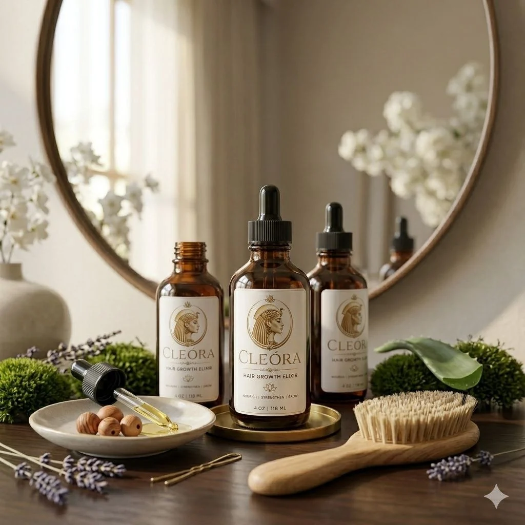 Cleóra · frascos sobre tocador de madera con espejo redondo, ramas de lavanda y brocha natural